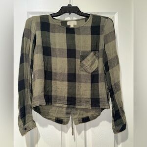 Cloth & Stone plaid olive and black lace up back semi cropped top. Size M GUC